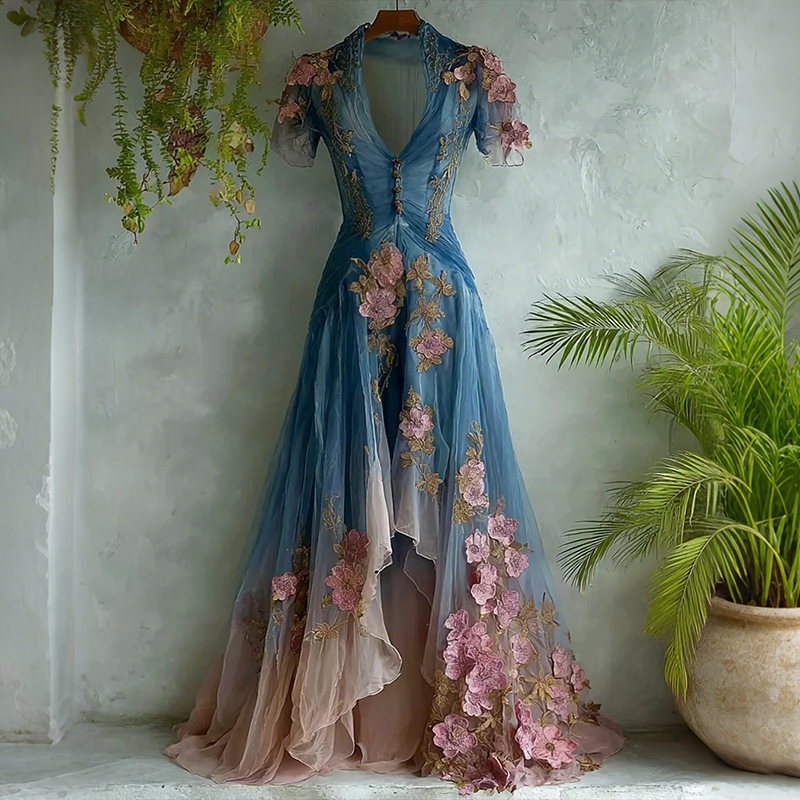 Women's Elegant Gradient Flowers Embroidery Art Irregular Maxi Dress wearshes