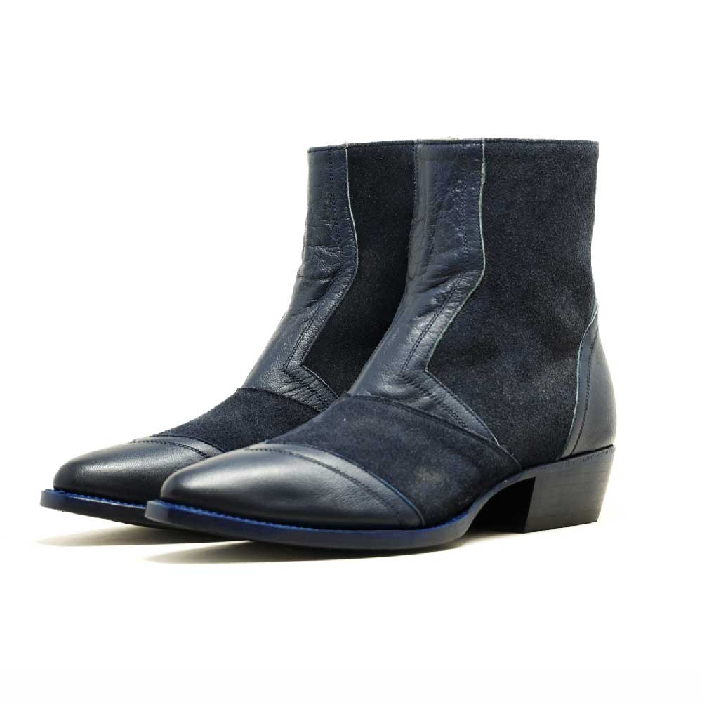 Western Patchwork Almond Toe Chunky Heeled Ankle Boots in Navy Nicepairs