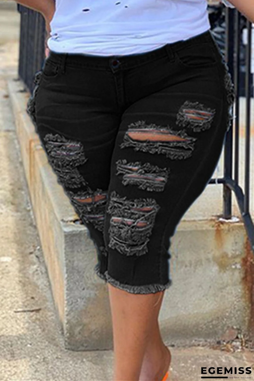 Black Fashion Casual Solid Ripped Plus Size Jeans | EGEMISS