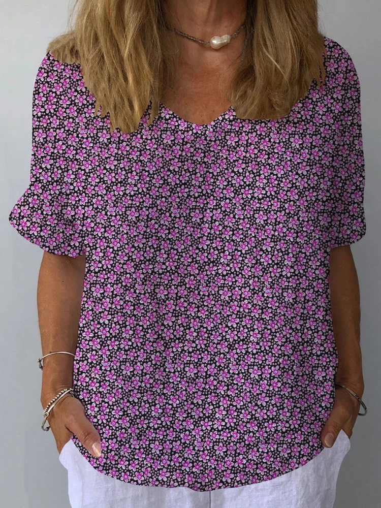 Women's Retro Floral Casual V-Neck Cotton And Linen Top