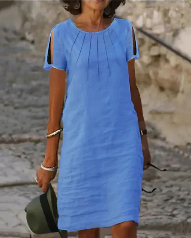 Round Neck Solid Color Cotton And Linen Dress