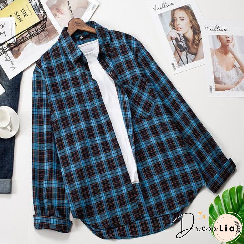 Plaid Shirts Womens Blouses Long Sleeve Lady Checked Tops Loose Female Outwear Casual