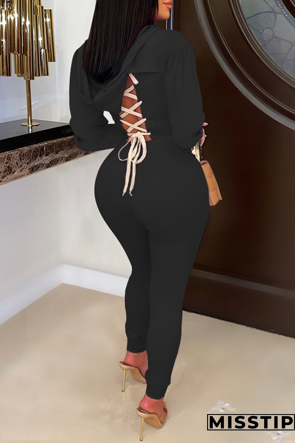 Orange Casual Solid Draw String O Neck Long Sleeve Two Pieces