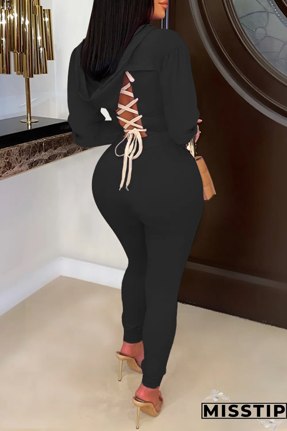 Orange Casual Solid Draw String O Neck Long Sleeve Two Pieces