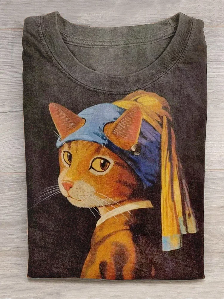 World Famous Painting Girl Cat With Pearl Earring Creative Design T-shirt