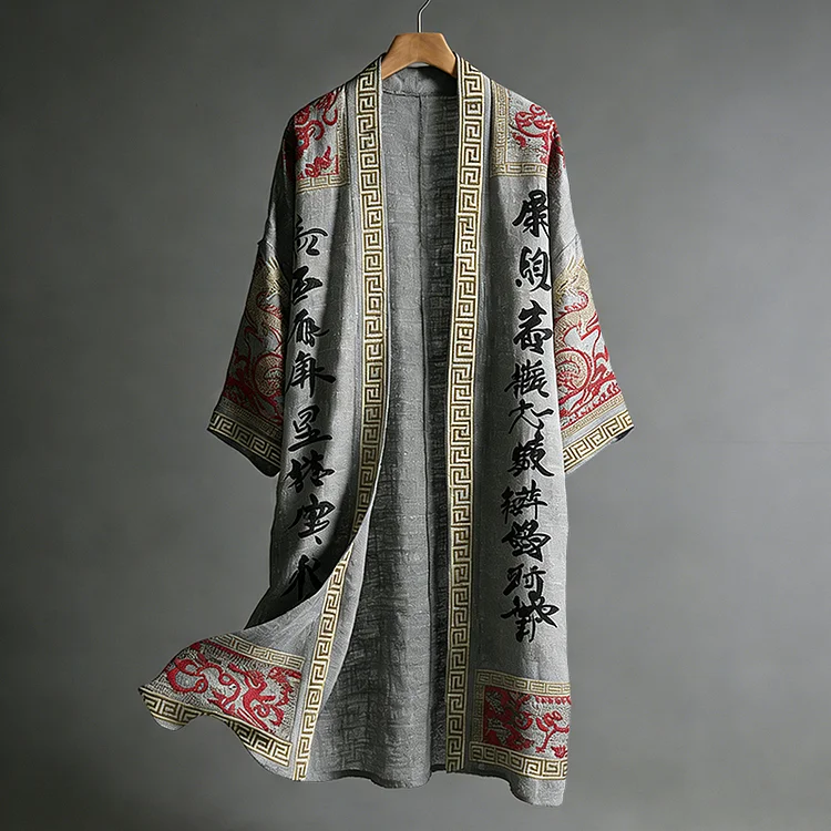 Men's Japanese Dragon Pattern Calligraphy And Painting Art Linen Long Kimono