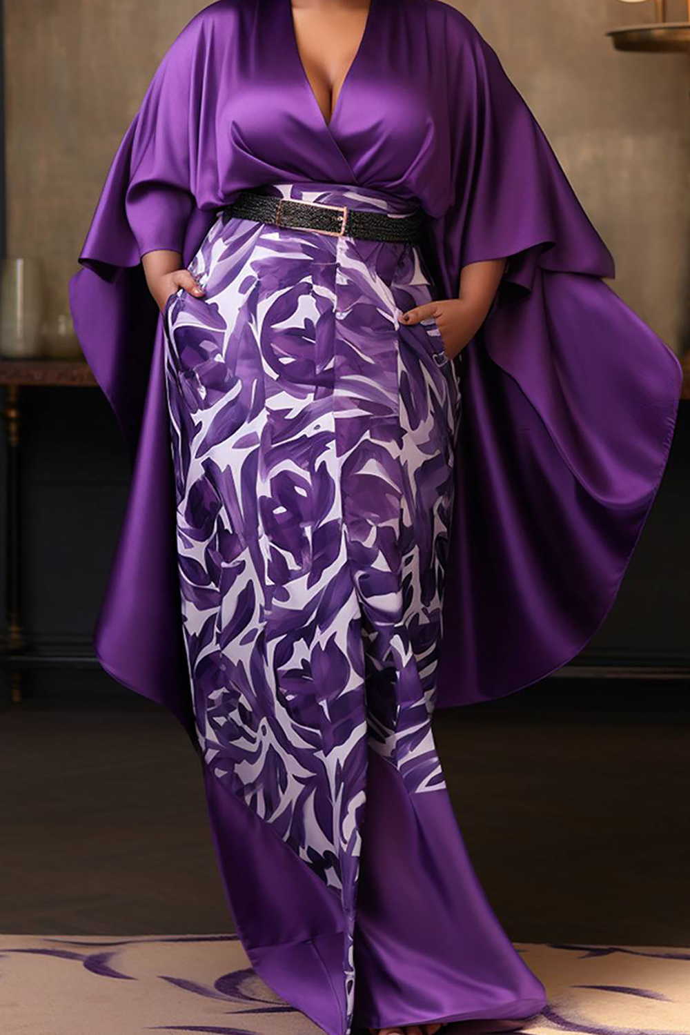 Design Plus Size Daily Elegant Purple Wrap Neck Pocket Satin Two Piece Skirt Sets (Without Belt)[Pre-Order]