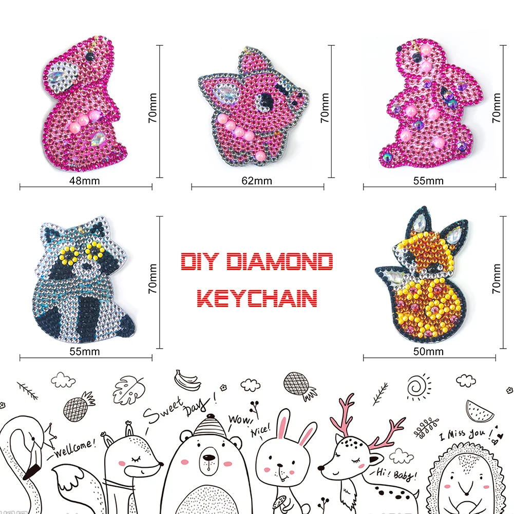 5pcs/set DIY Full Drill Special Shaped Diamond Painting Animal Keychain