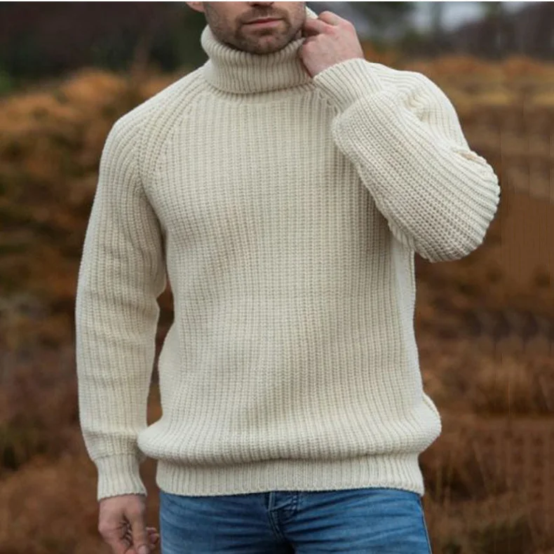 New Autumn/Winter Men's Beige Long sleeved Pullover High Neck Sweater Knitwear