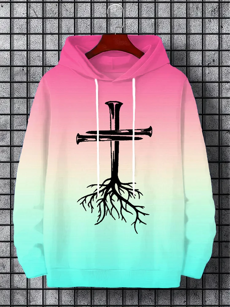 Men's Gradient Art Roots Cross Print Casual Hoodie