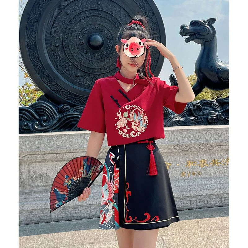 Sweet Embroidery Black Red T-shirt Skirt Set SP18903