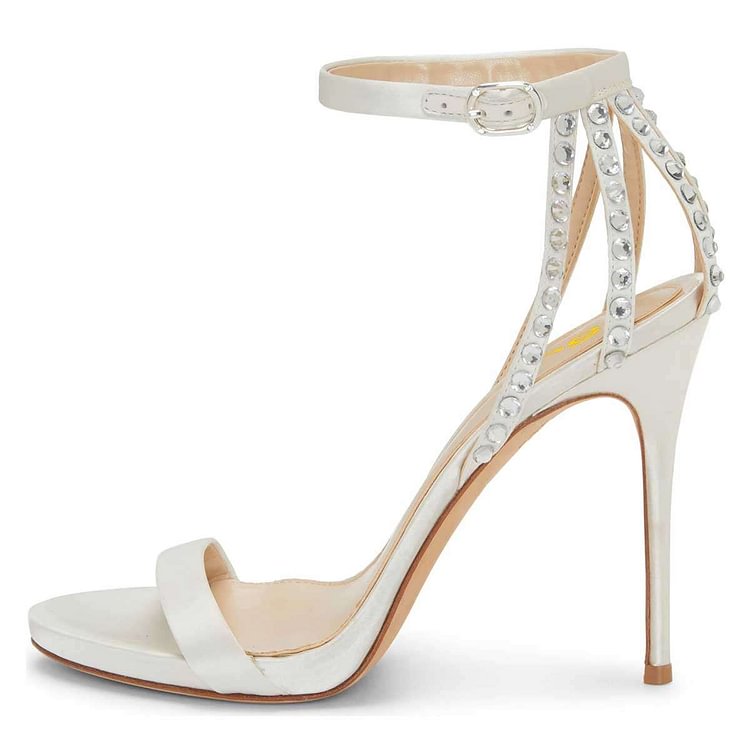 White Satin Bridal Heels Rhinestone Ankle Strap High Heel Sandals|FSJshoes