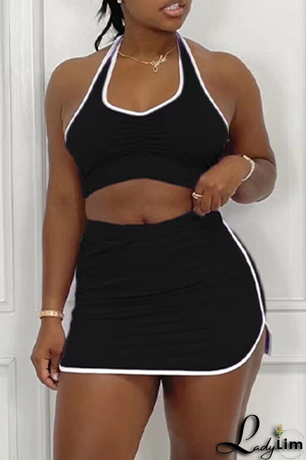 Orange Sexy Casual Solid Patchwork Backless Halter Sleeveless Two Pieces