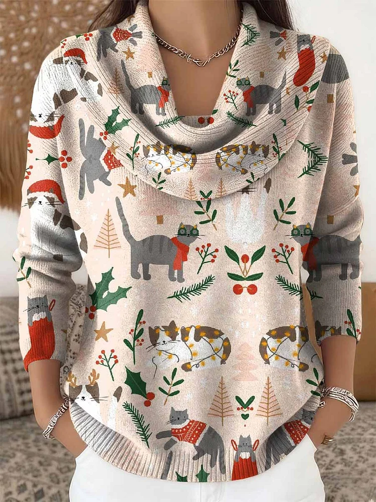 Women's Retro Christmas Cat Pattern Long Sleeve Sweater