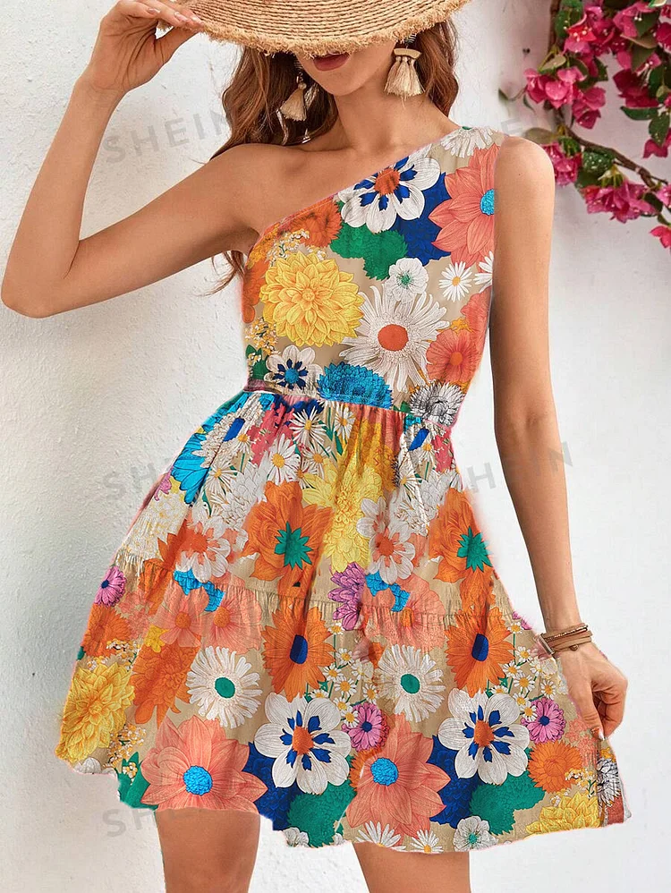 Elegant getaway, bohemian daisy, flower print, slanted shoulder, ruffle panels, large skirt and off-the-shoulder dress