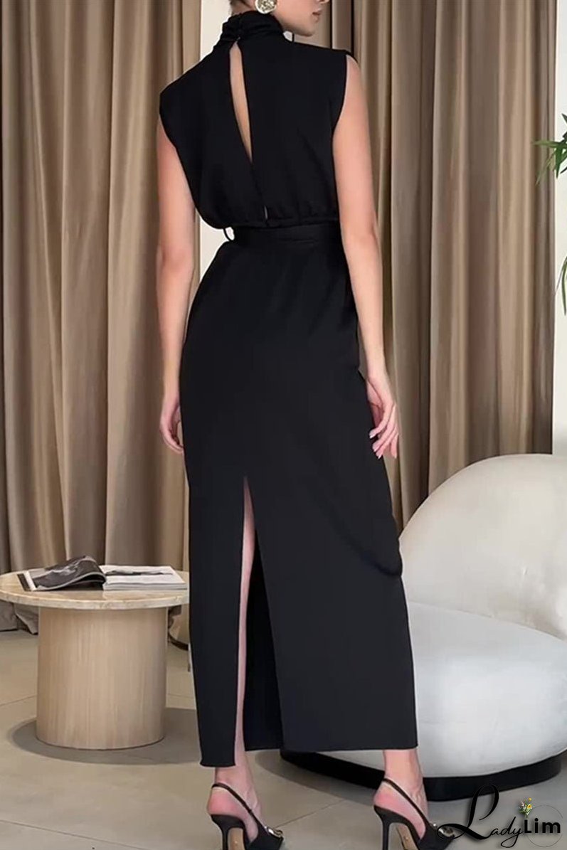 Elegant Solid Slit With Belt Half A Turtleneck One Step Skirt Dresses