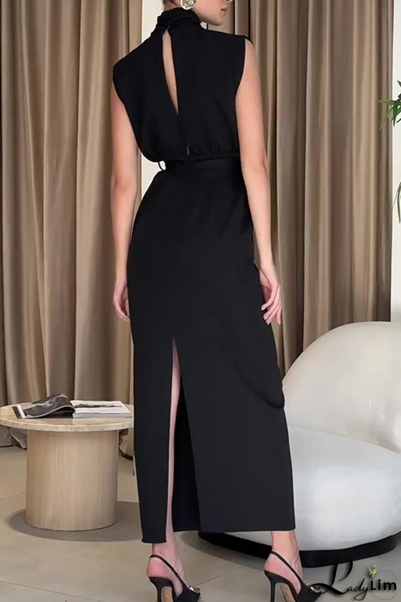 Elegant Solid Slit With Belt Half A Turtleneck One Step Skirt Dresses