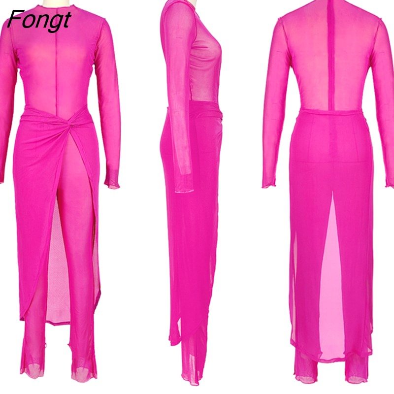 Fongt Stitching Sheer Mesh Two Piece Set Women Sexy See Through Long Sleeve Skinny Jumpsuit 2416