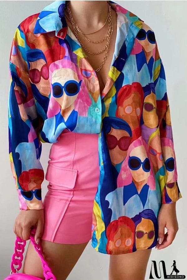 MidiSono - Cartoon Character Avatar Print Fashion Blouse