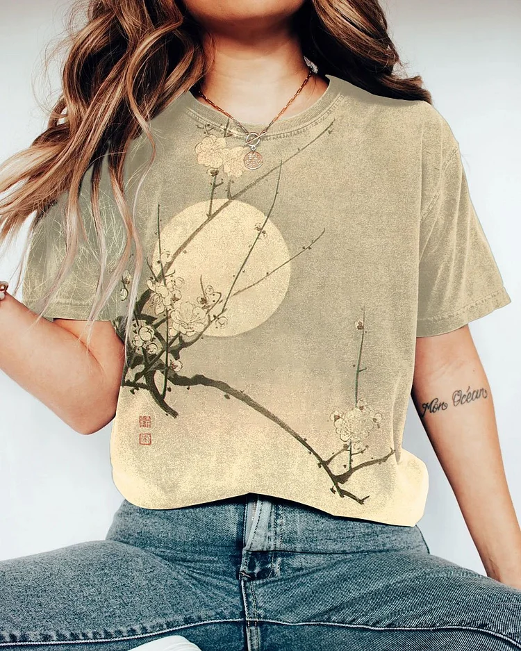 Japanese Art Flowers and Moon Short Sleeve Tshirt