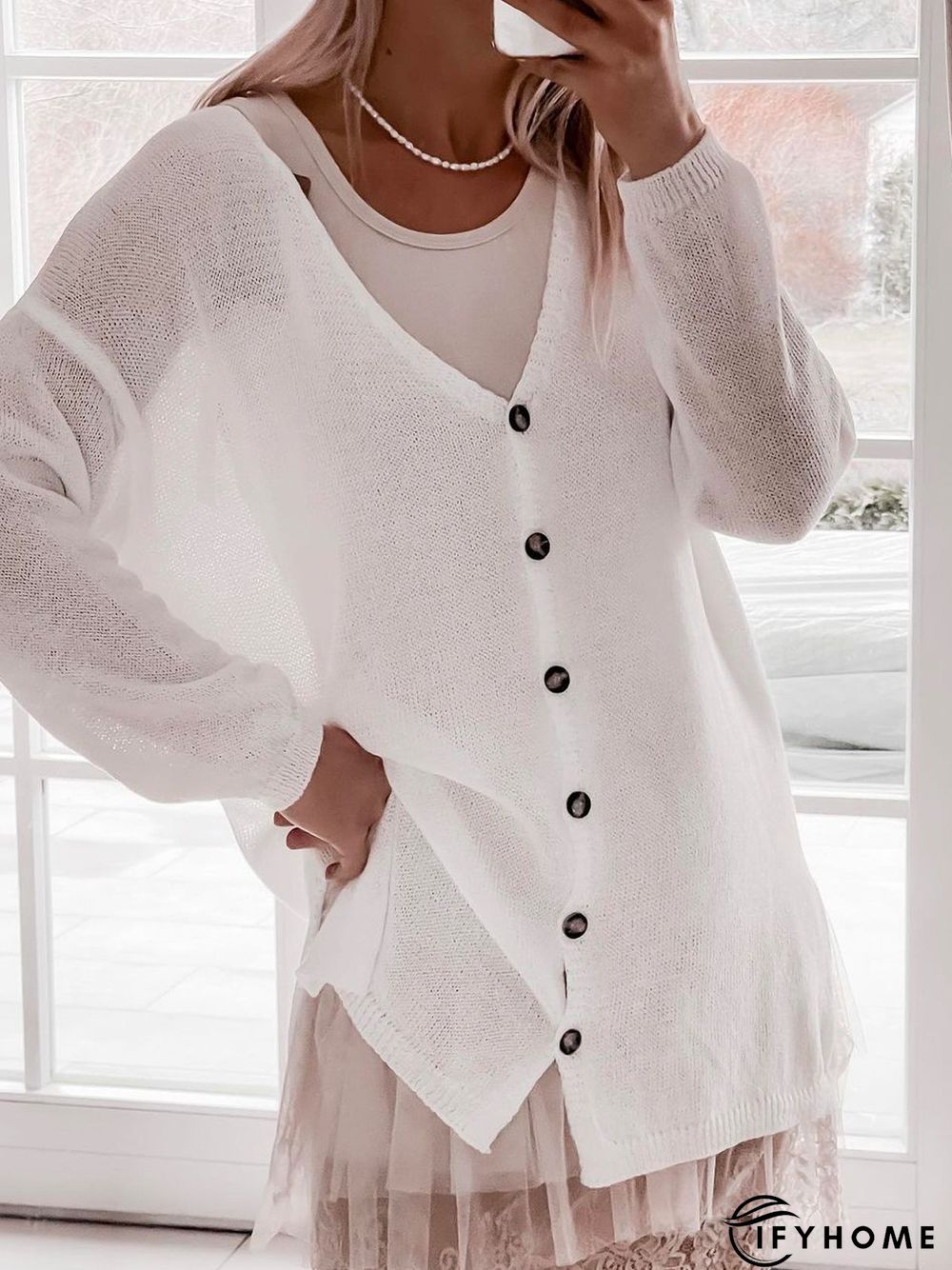 Women's Sweater Coat Button Plain Causal Vacation long Length Sleeve Yarn/Wool Yarn V Neck Regular Fall | IFYHOME