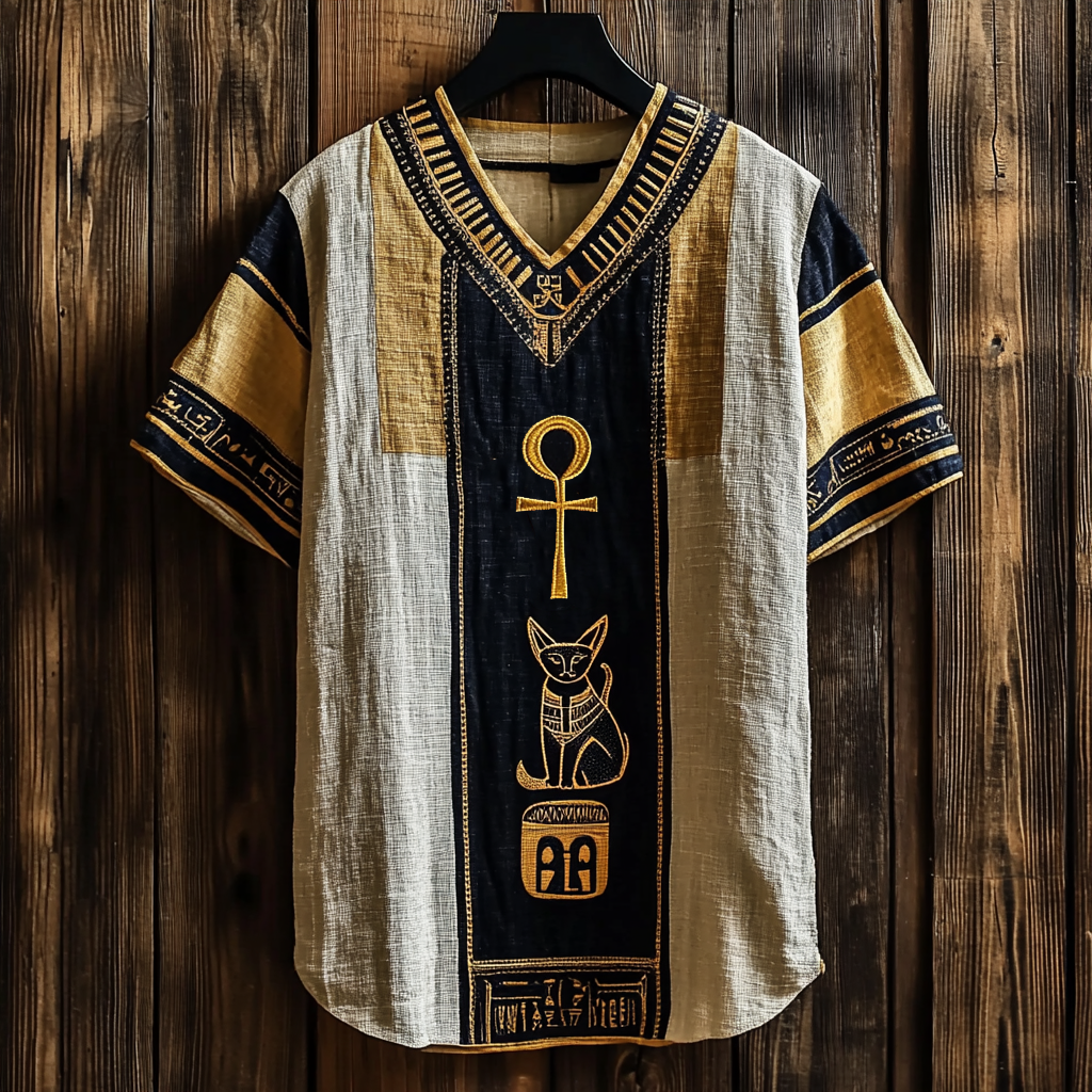 Ancient Egyptian Ankh Bastet Cat Embroidered Linen Shirt