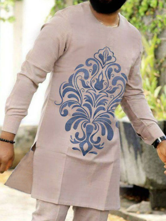 Men's casual khaki printed long-sleeve top