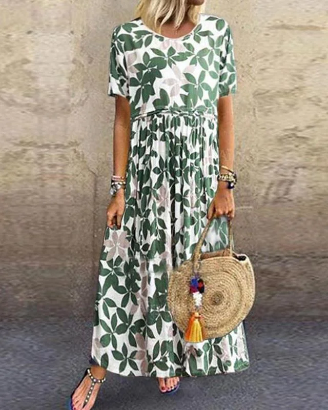Women's Swing Dress Maxi long Dress Short Sleeve Floral Leaf Print Summer Hot Casual Mumu Green S M L XL XXL