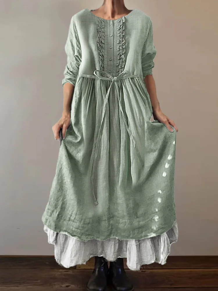 Vintage Ruffle Placket Tied Pleated Flowy Maxi Dress