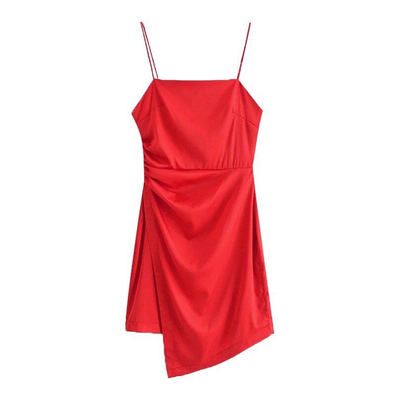 TRAF Women Fashion With Gathering Asymmetrical Mini Dress Vintage Backless Zipper Thin Straps Female Dresses Vestidos