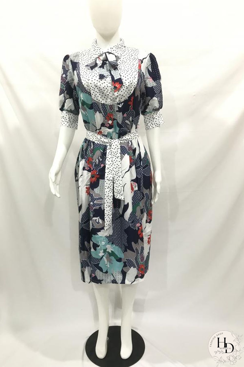 Navy Blue Polyester Fashion Sexy Cap Sleeve Half Sleeves Turndown Collar Step Skirt Mid-Calf fastener Bowknot