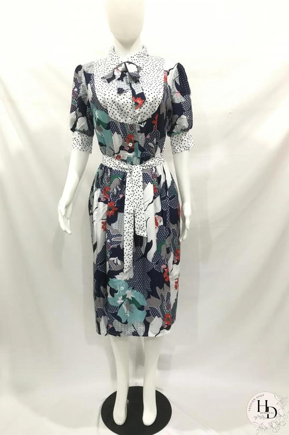 Navy Blue Polyester Fashion Sexy Cap Sleeve Half Sleeves Turndown Collar Step Skirt Mid-Calf fastener Bowknot