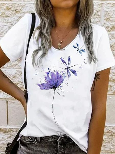 Crew Neck Casual Floral Dragonfly Cotton Blends Shirts & Tops