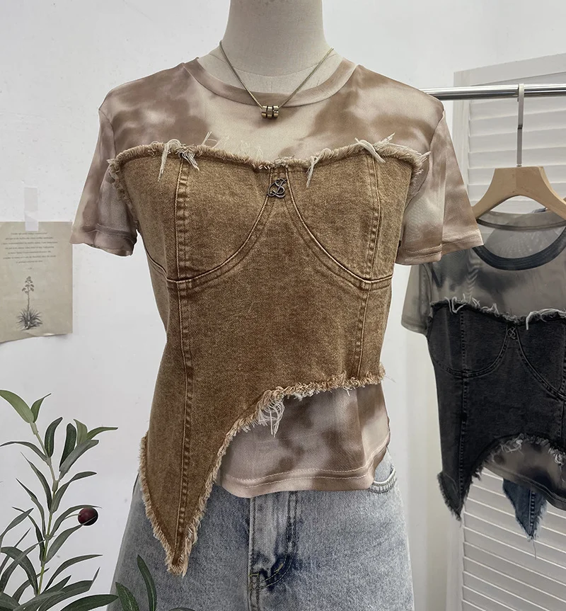 Uveng Real Shooting Of The Edge Of The Denim Splicing Tie Dye Mesh Repair Irregular Two Short-Sleeved Top T-Shirt 26171