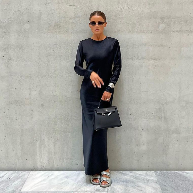 Ootddress Hollow Out Satin Fashion Maxi Dress Female High Waist Slim Scoop Neck Long Sleeve Dress Solid Zipper Party Dress Summer