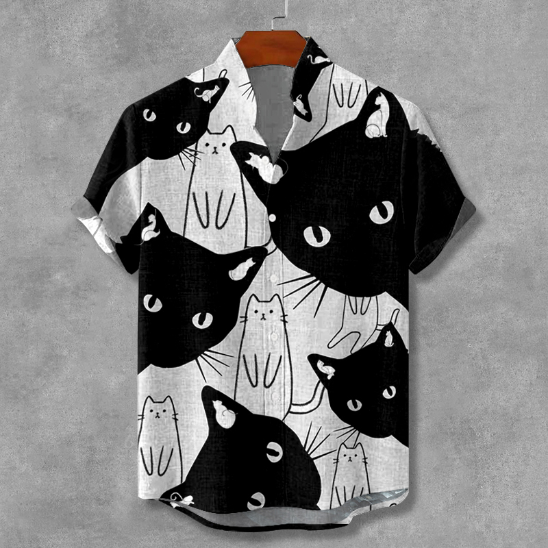 Comstylish Retro Abstract Black Cat Art Linen Shirt