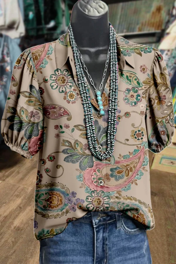 Vintage Paisley Print Puff Sleeve Top