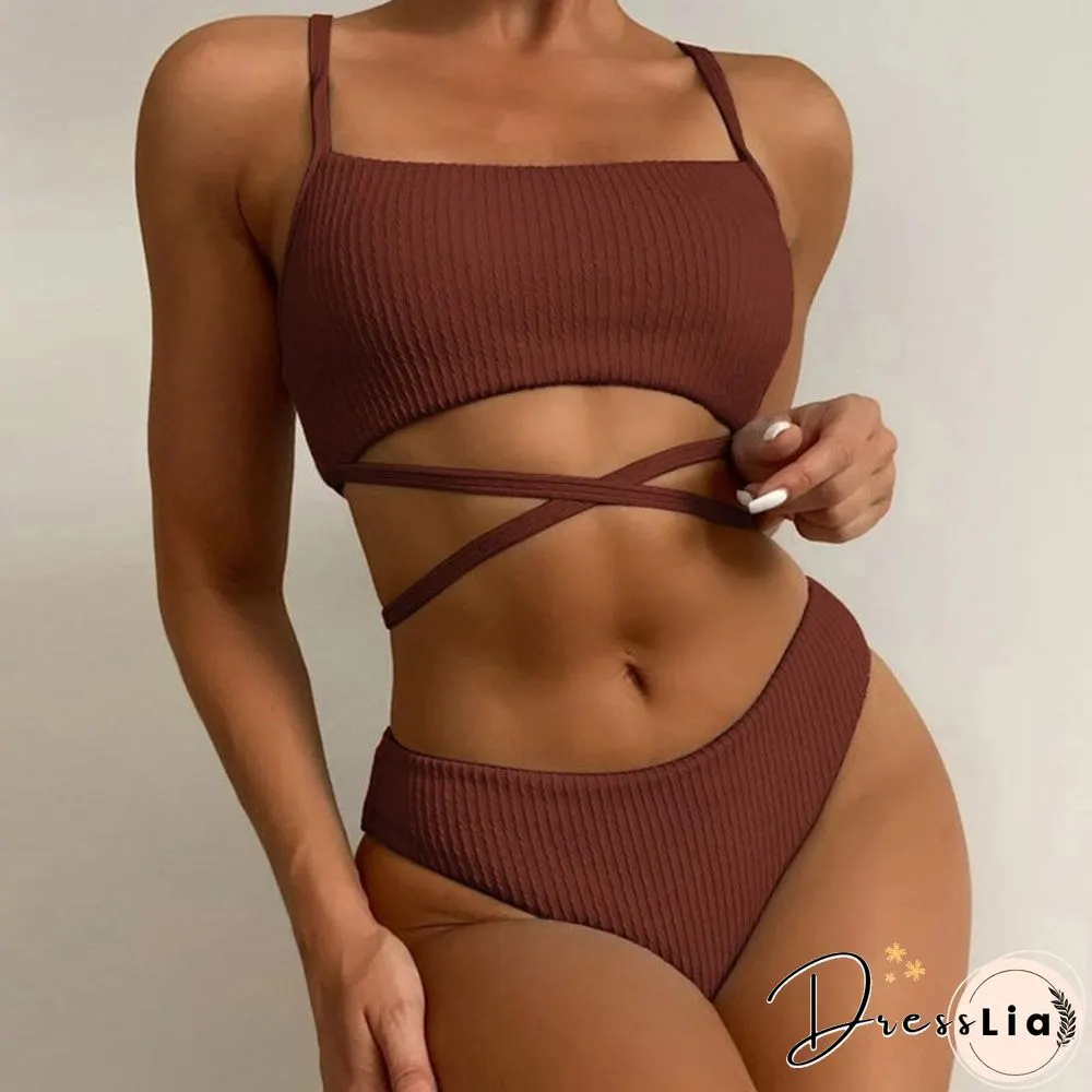 Sexy Bandage Cross Tie-up High Waist Swimwear Women Solid Rib Spaghetti Straps Bikini Set