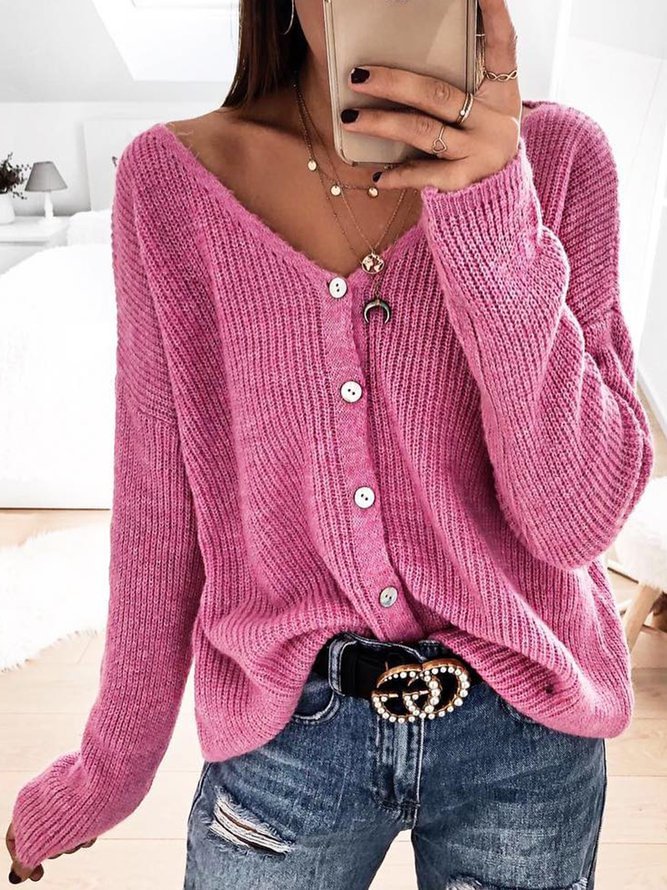 Plus Size Solid Sweater Buttoned V Neck Knitted Cardigans