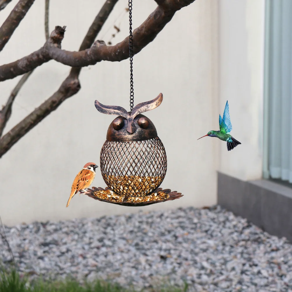 Wrought iron owl metal hanging bird feeder