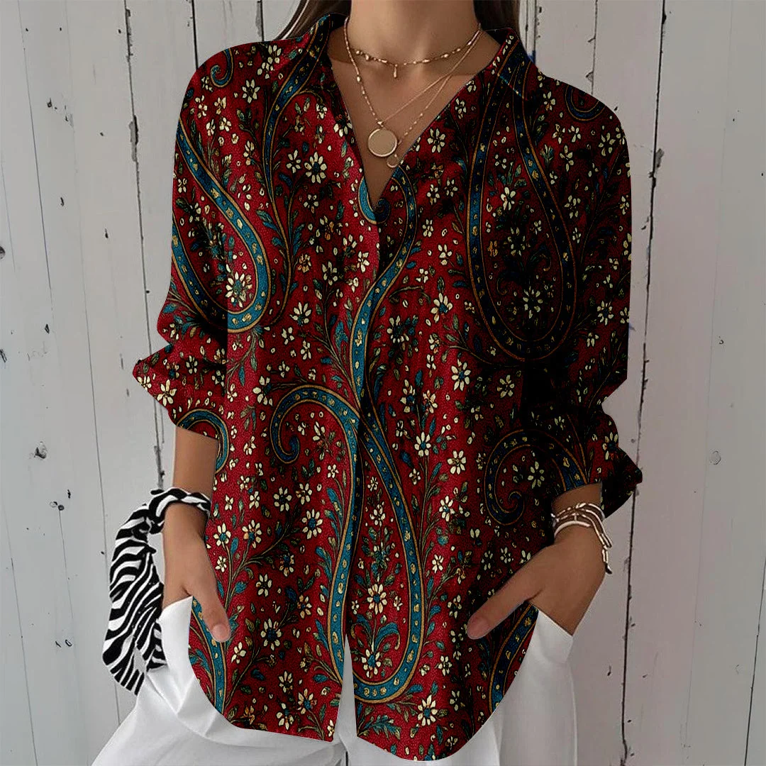 Style & Comfort for Mature Women Women Perris, Red, Black DZCL0384 3/4 Sleeve Shirt Collar Printed Button Tops