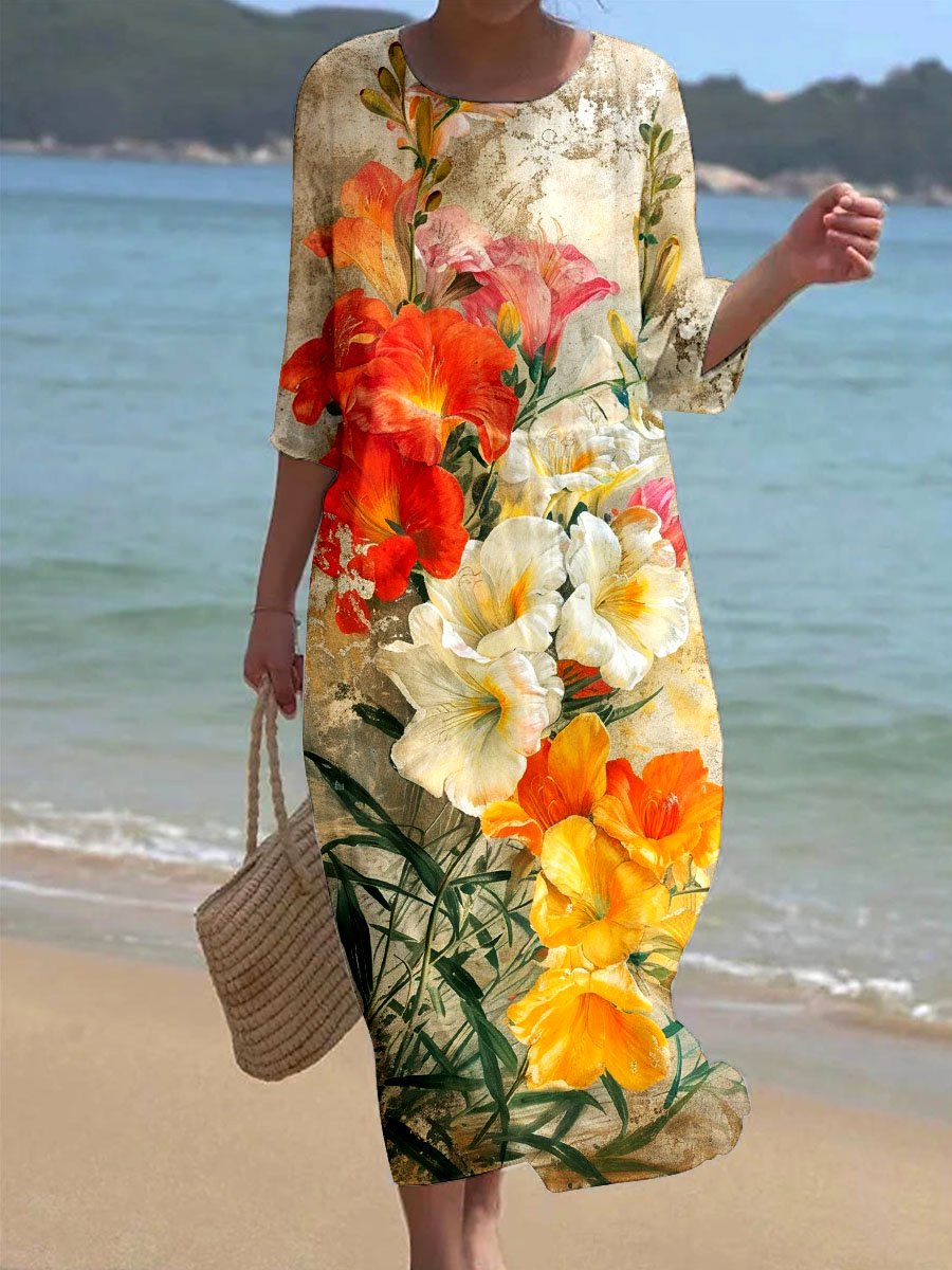Women's Freesias Flower Vintage Flower Art Print Casual Holiday Dress