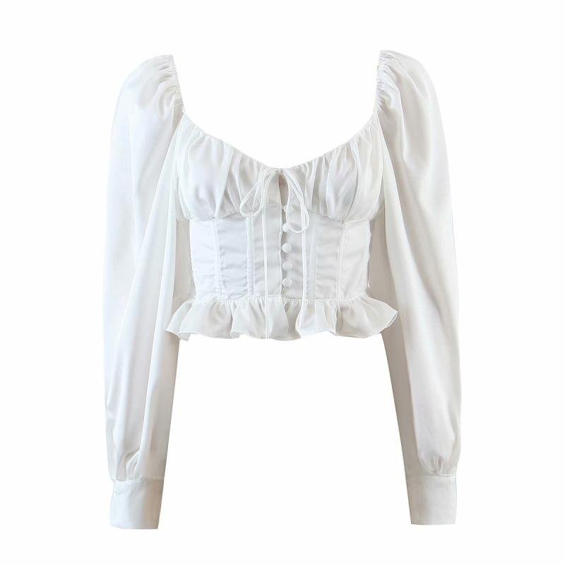 PUWD Sexy Woman Slim Satin Ruffles Short Blouse 2021 Spring Fashion Ladies V Neck Party Tops Female Chic Lantern Sleeve Blouses