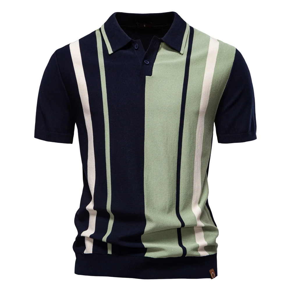 Men's Lapel Short-sleeved Knitted Polo Striped Splicing Short-sleeved Polo Shirt