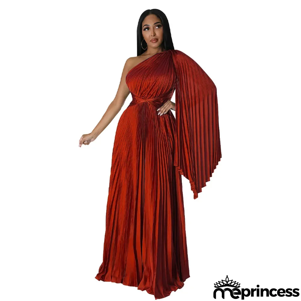 Fashion Women's One Shoulder Pleated Slash Shoulder Slim Waist Dress