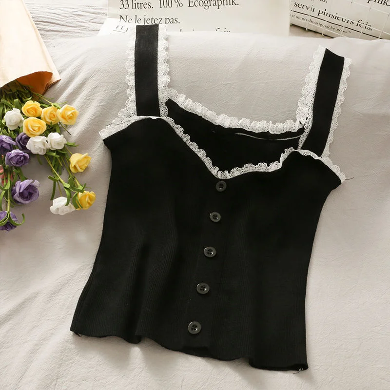Uveng Uveng New Ice Silk Knitted Vest Female Korean Version V-Neck High-Waist Short Lace Spliced Solid Color Sling Shirt