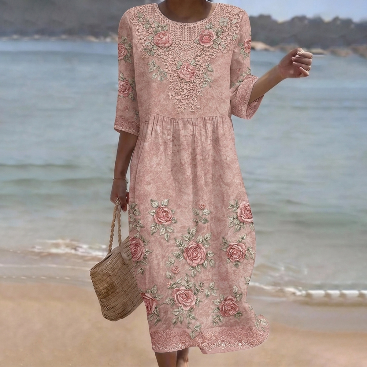 Vintage Floral Art Pattern Linen Blend Loose Three-quarter Sleeve Dress wearshes