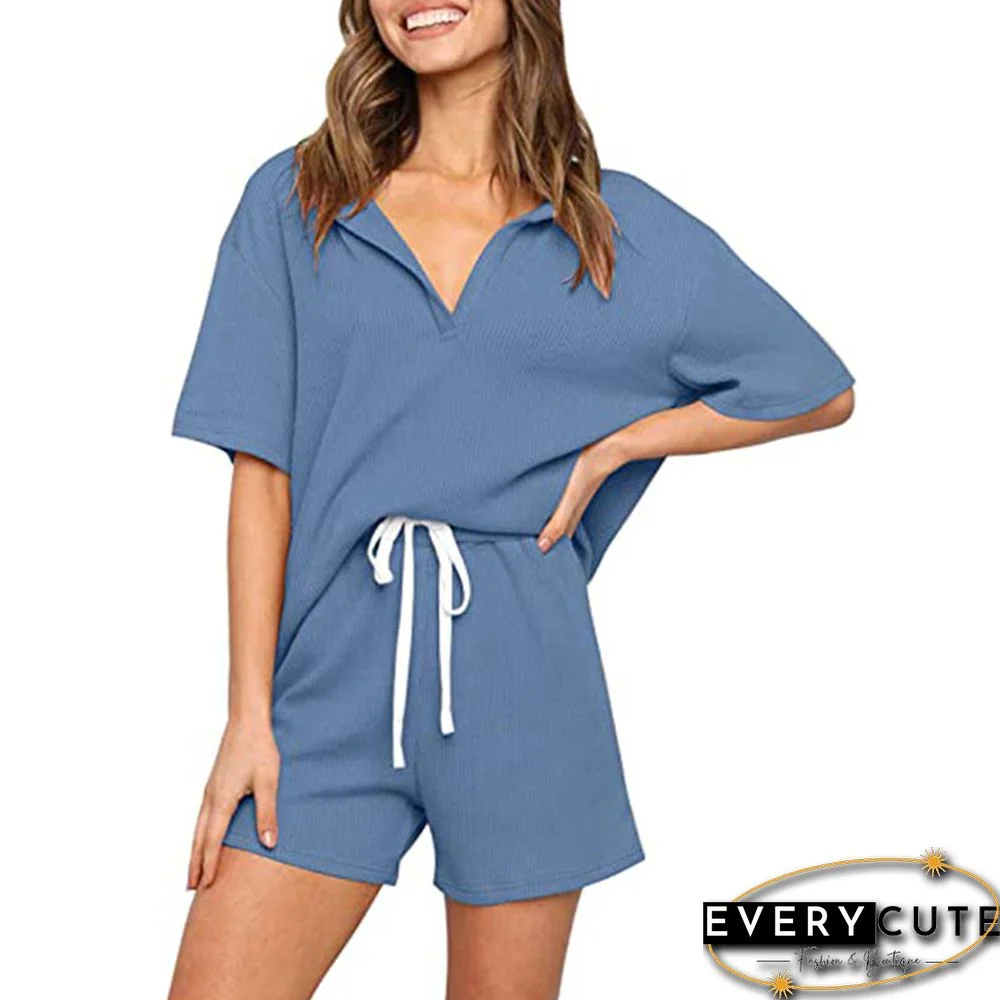 Blue V Neck Top With Shorts Loungewear Set