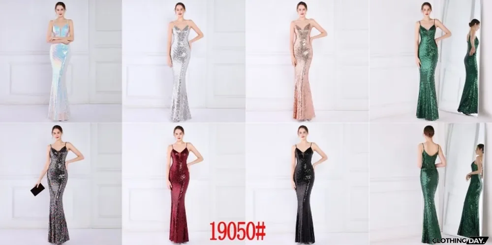 Women Summer Silver Modest Strap Sleeveless Sequined Mermaid Evening Dress