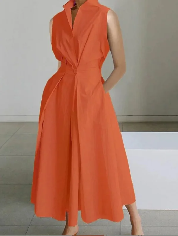 Sophisticated Minimalism: Sleeveless Lapel Midi Dresses in Solid Color